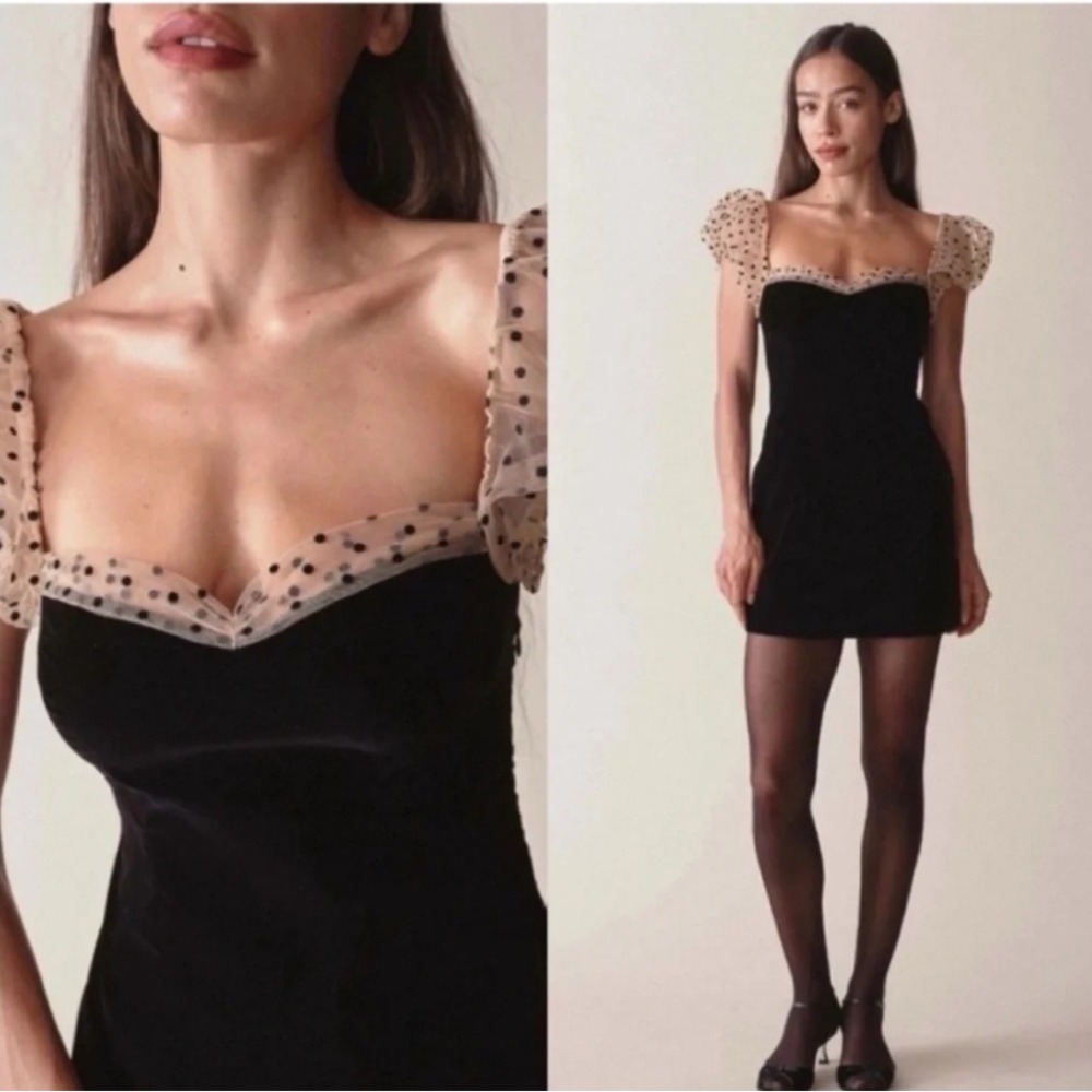 Camila Coelho Mini Dress Size S Black Polka Dot Puff Sleeve Sweetheart Cocktail